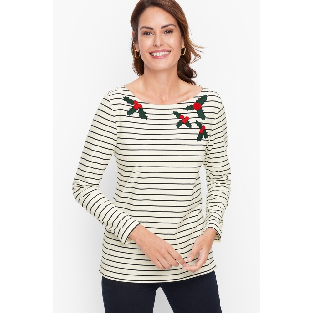 Women's Talbots COTTON‎ BATEAU NECK TEE EMBROIDERED HOLLY STRIPE M Whte Stripe